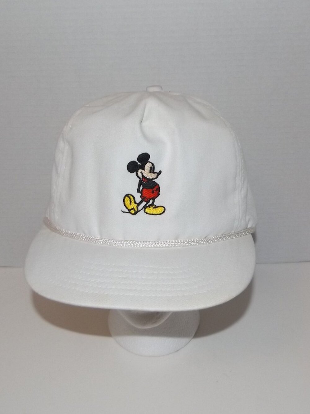 1980s Mickey Mouse Adult White Golf Style Rope Hat Leather Strap Back